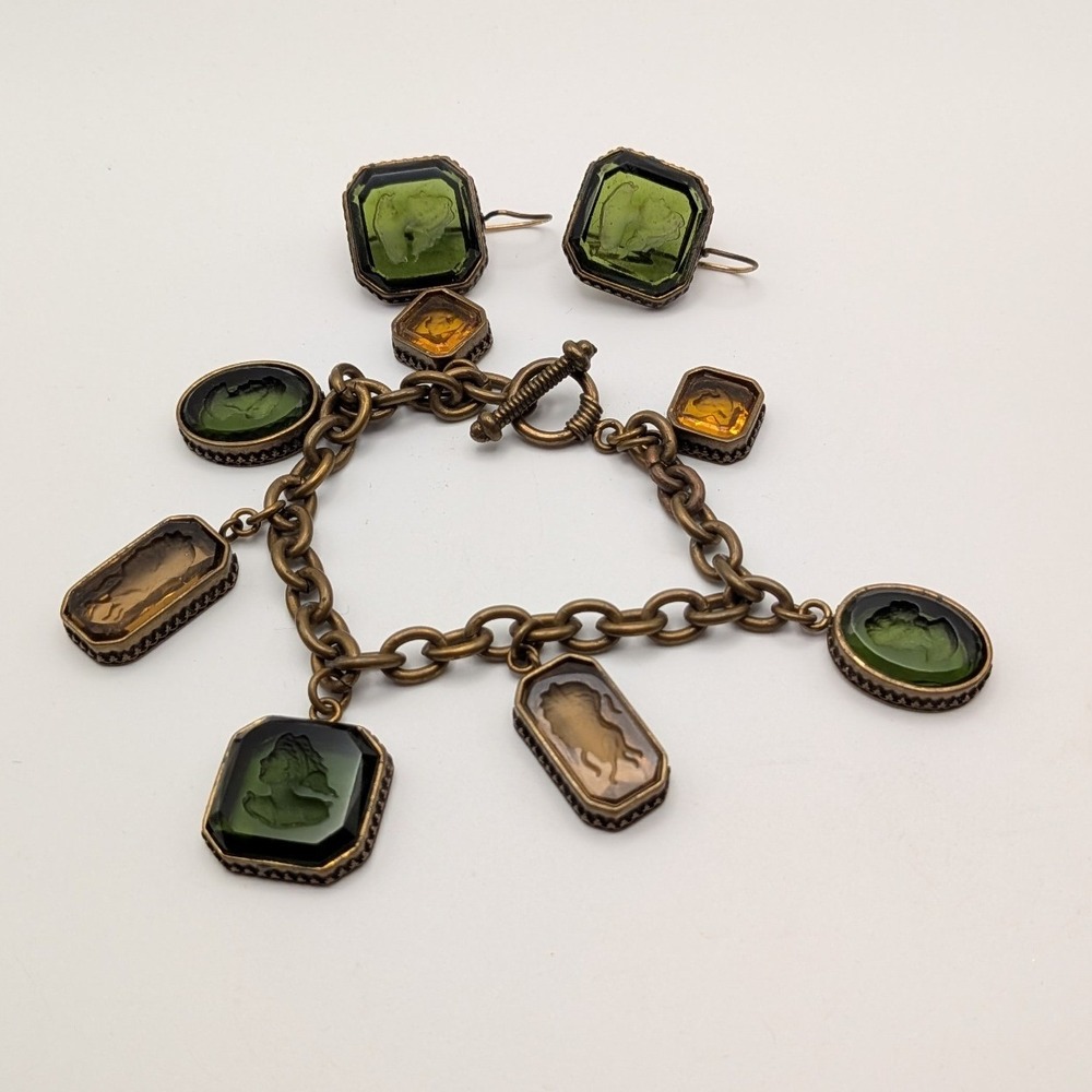 Extasia Intaglio Cameo Charm Bracelet and Earrings Set Green Amber Bronze Tone